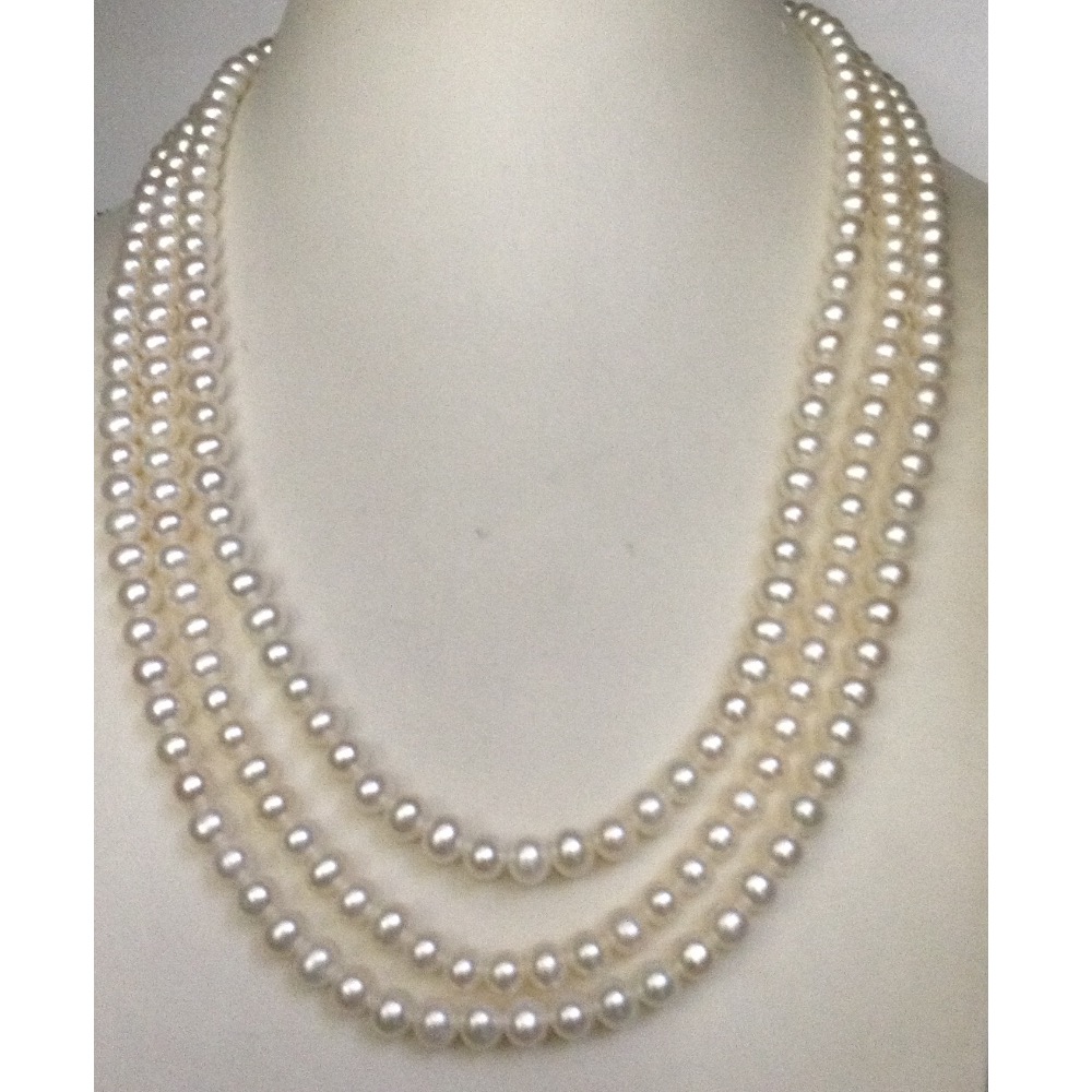 Freshwater White Round Pearls Necklace 3 Layers JPM0042