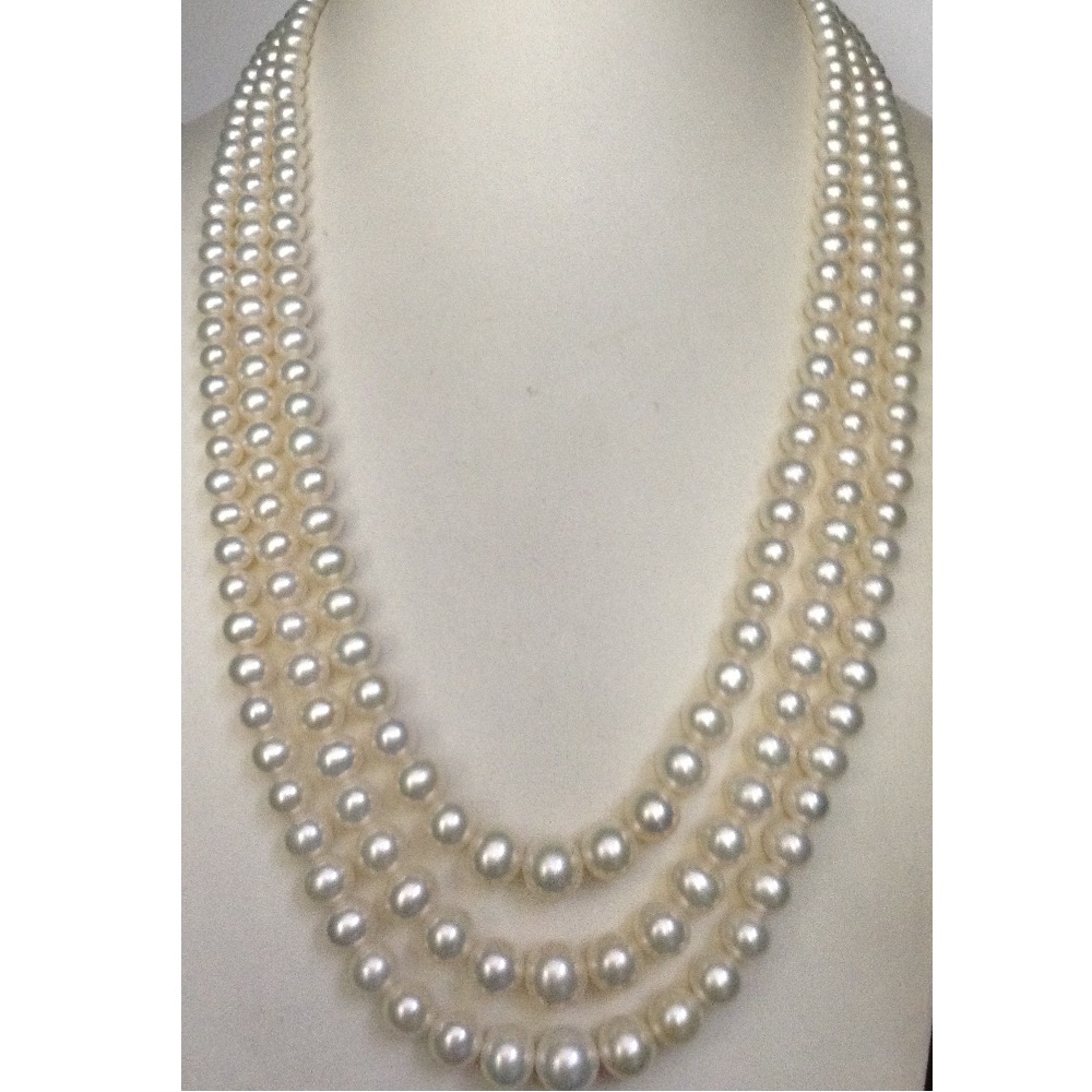 White Round Graded Pearls Necklace 3 Layers JPM0043