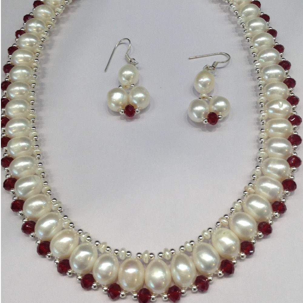 Freshwater White Oval Pearls And Red Crystals "U" Jaali Set JPP1003