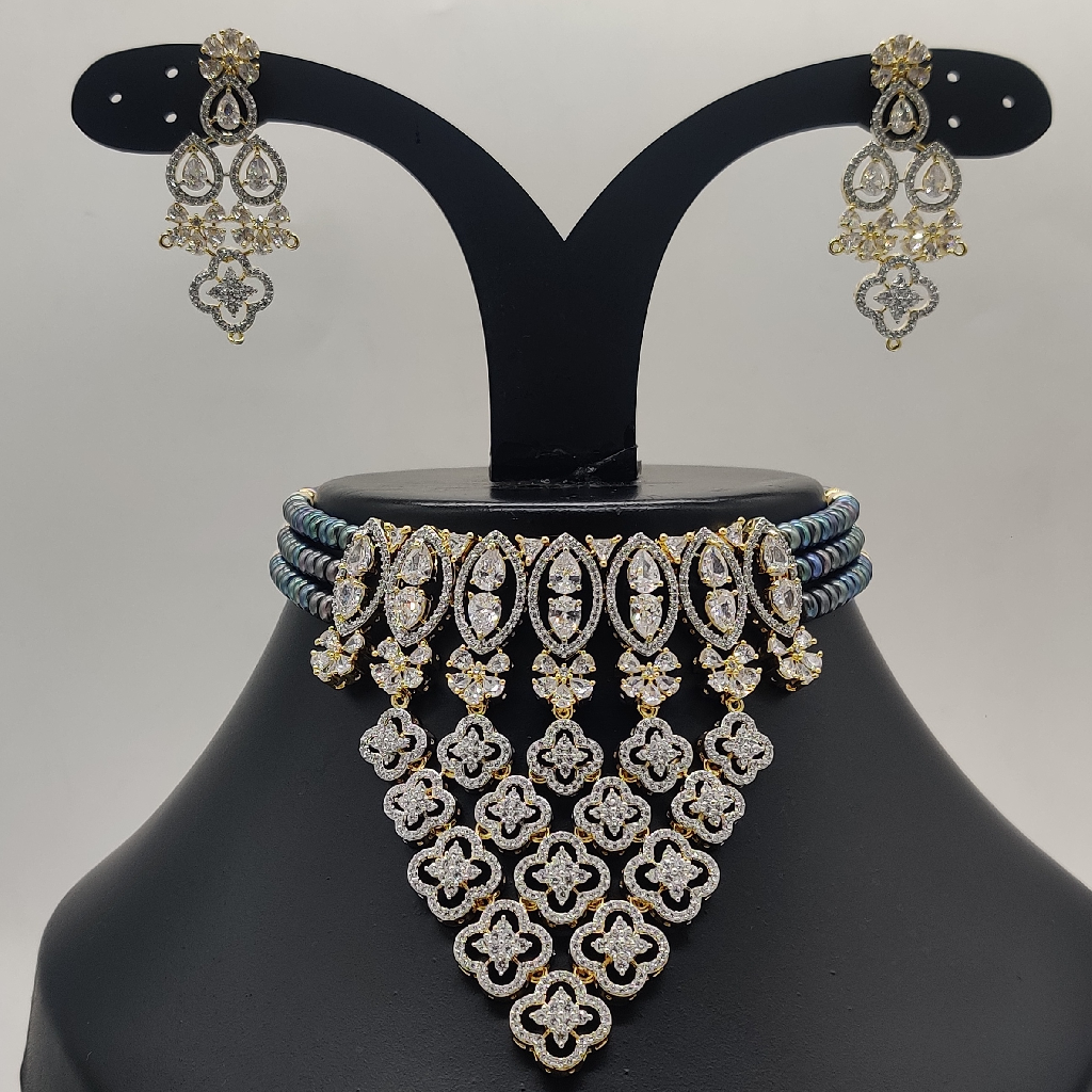 White Cz Stones Choker Set with Grey Pearls JPS1016