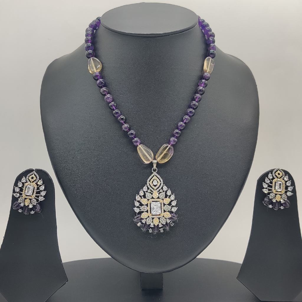 White CZ Pendent Set With Purple Beeds JPS1007