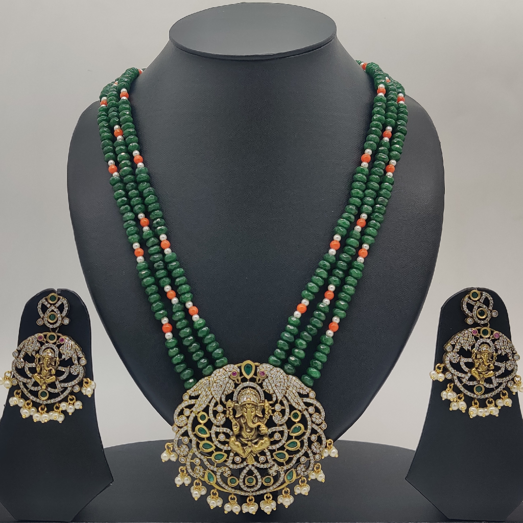 White Green Cz Stone Ganesha Pendent Set With Green Beeds JPS1006