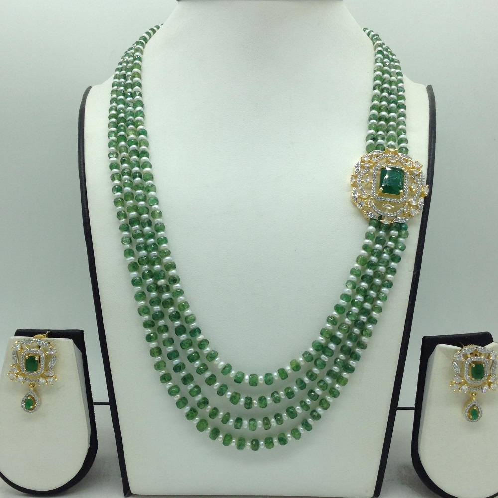 White,Green CZ Broach Set With 4 Line Mala JPS0870
