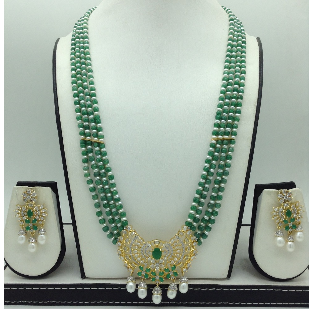 White,Green CZ Pendent Set With 4 Line Mala JPS0869