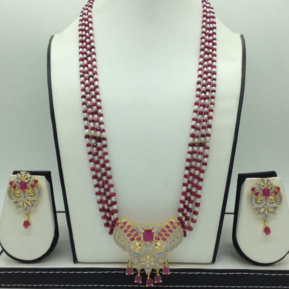 White,Red CZ Pendent Set With 4 Line Mala JPS0868