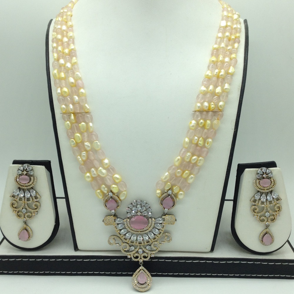 White,Pink CZ Pendent Set With 3 Line Mala JPS0867