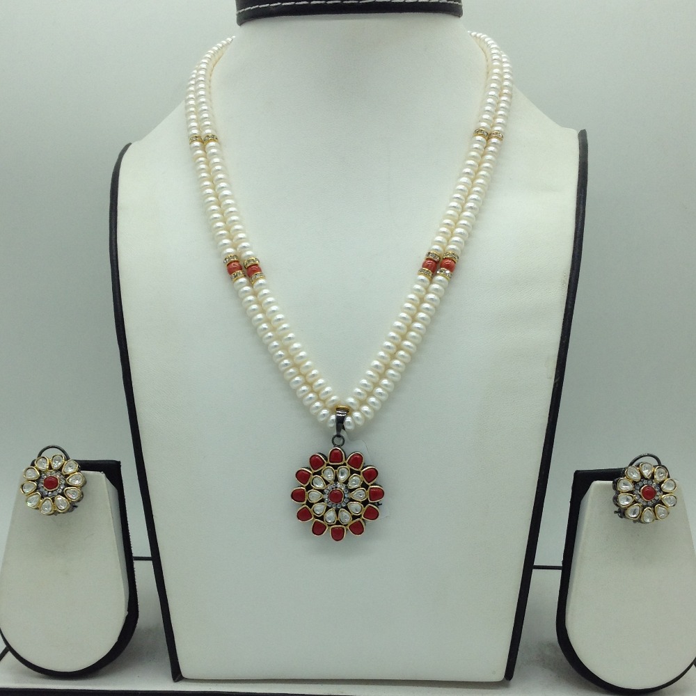 Coral Kundan Pendent Set With 2 Line White Pearls Mala JPS0863