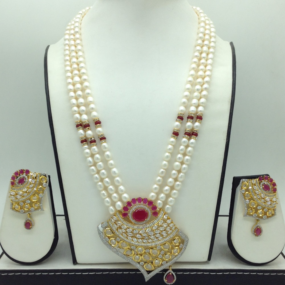 White Red Cz Pendent Set With 3 Line White Pearls Mala JPS0860