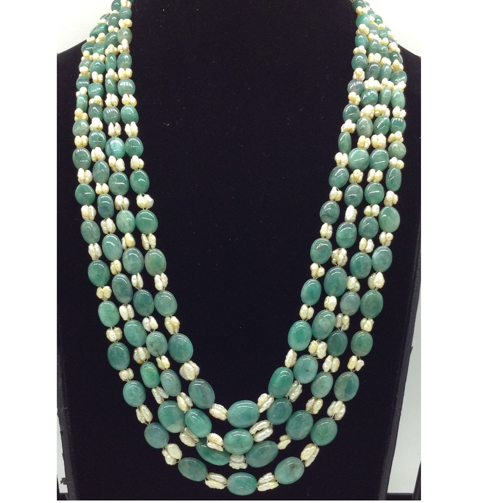 Cream Kudkal Pearls with Green Beeds 4 Layers Mala JPM0532