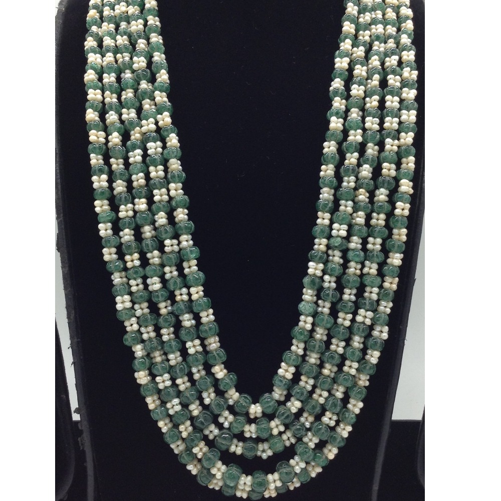 White Seed Pearls with Green Beeds 5 Layers Mala JPM0531