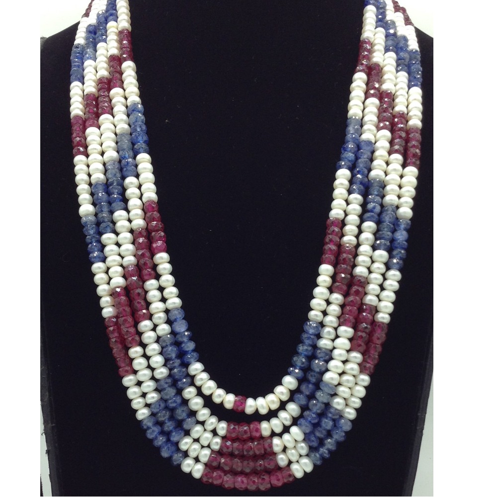 White Flat Pearls with Red,Blue Beeds 5 Layers Mala JPM0529
