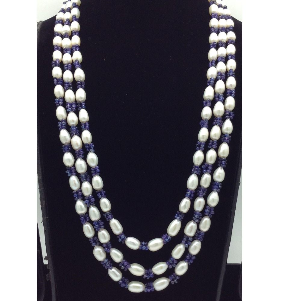 White Oval Pearls with Blue Beeds 3 Layers Mala JPM0527
