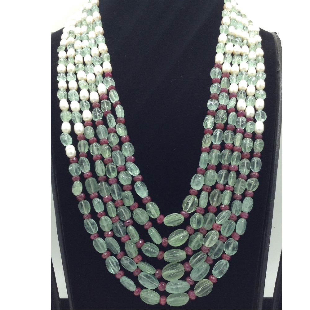 White Oval Pearls with Red,Green Beeds 6 Layers Mala JPM0518