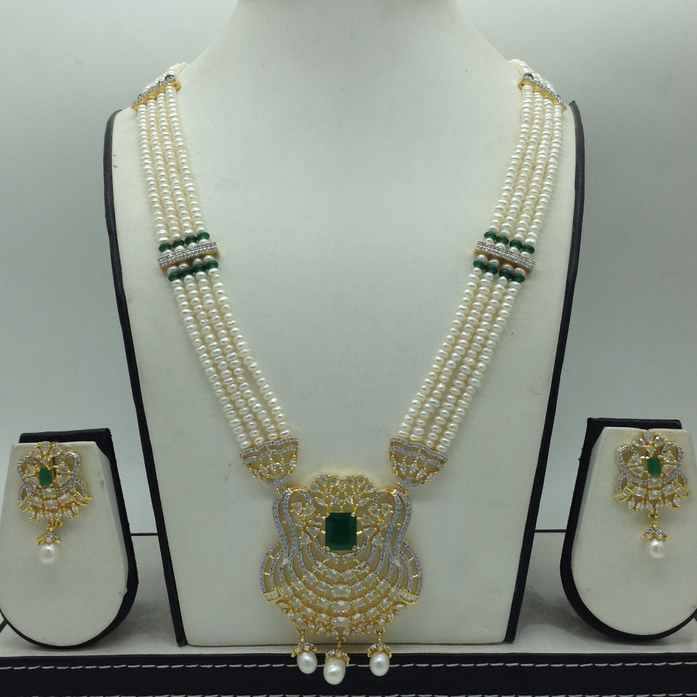 White,Green CZ Ranihaar Set With 4 Line White Pearls Mala JPS0856
