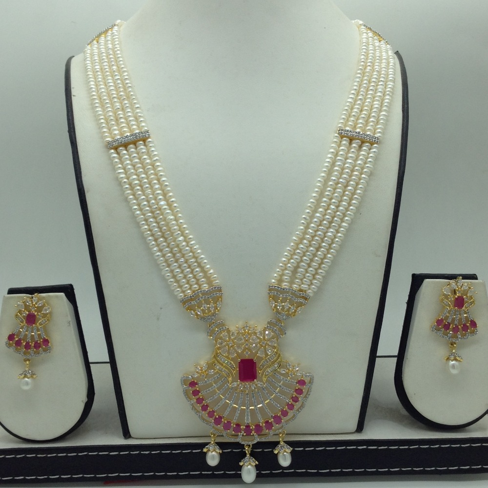 White,Red CZ Ranihaar Set With 5 Line White Pearls Mala JPS0855