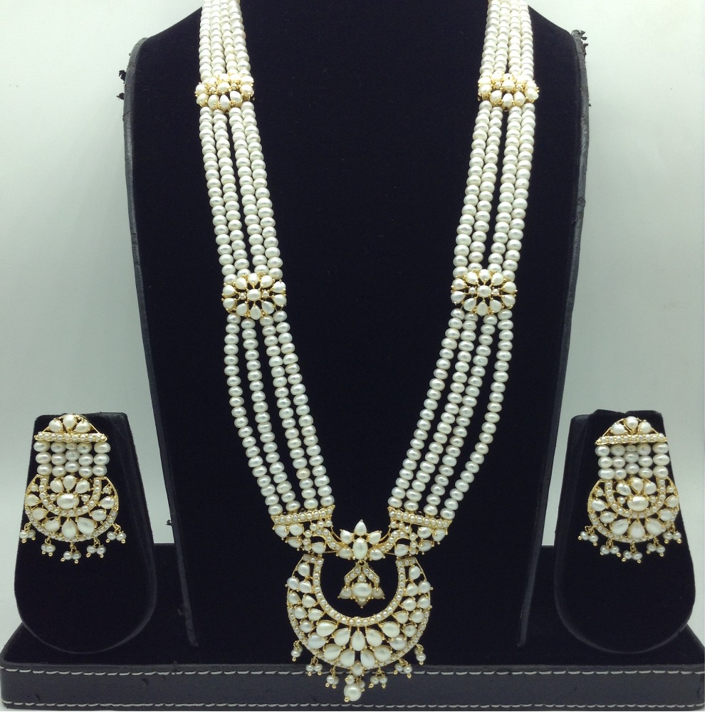 White Pearls Ranihaar Set With 4 Line White Pearls Mala JPS0853
