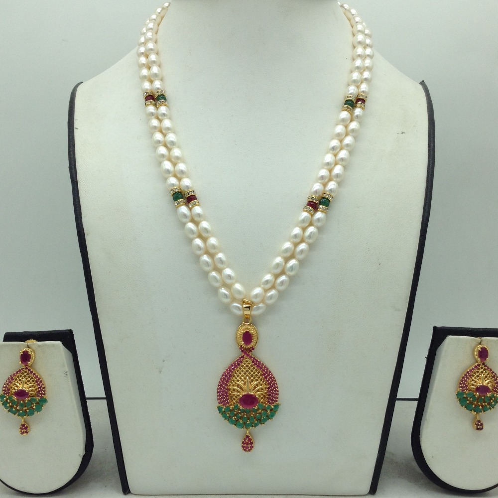 Red,Green Cz Pendent Set With 2 Line White Pearls Mala JPS0849