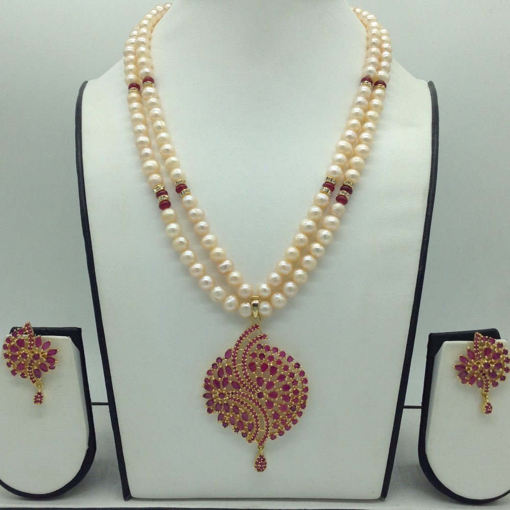 Red Cz Pendent Set With 2 Line Orange Pearls Mala JPS0844