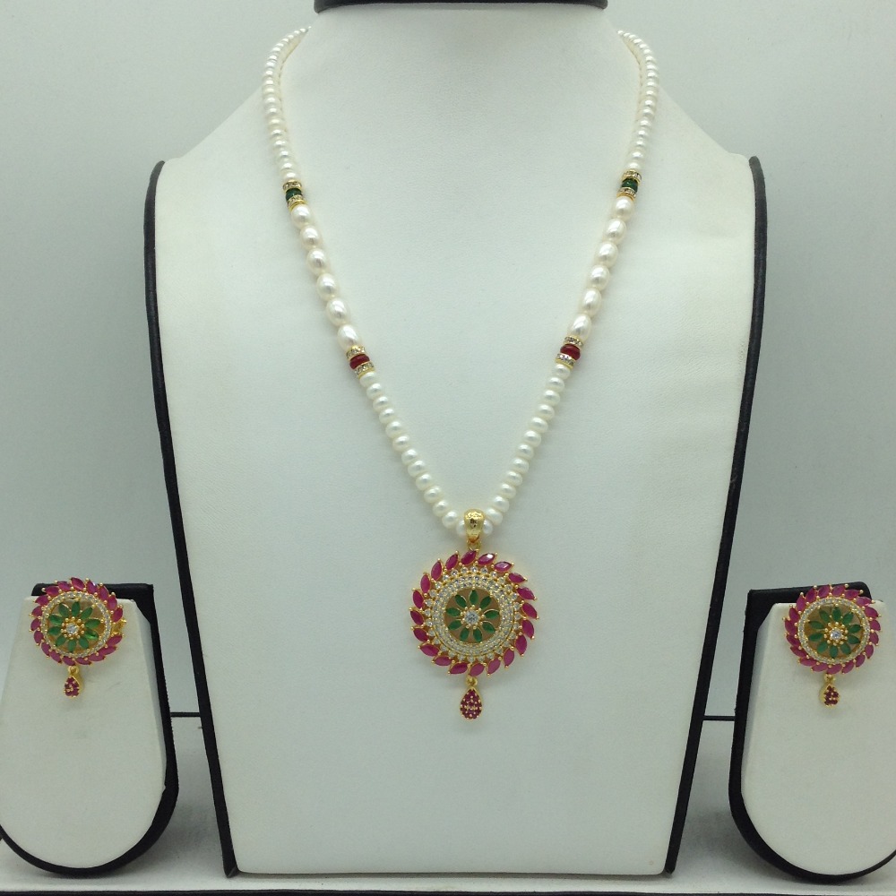 Tricolour Cz Pendent Set With 1 Line White Pearls Mala JPS0842