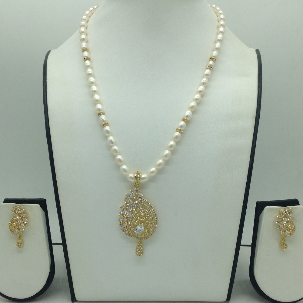 White Cz Pendent Set With 1 Line White Pearls Mala JPS0840