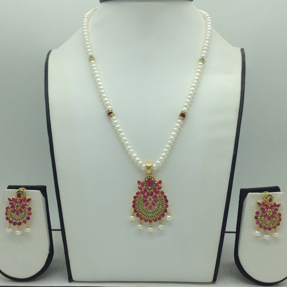 Red,Green Cz Pendent Set With 1 Line White Pearls Mala JPS0839
