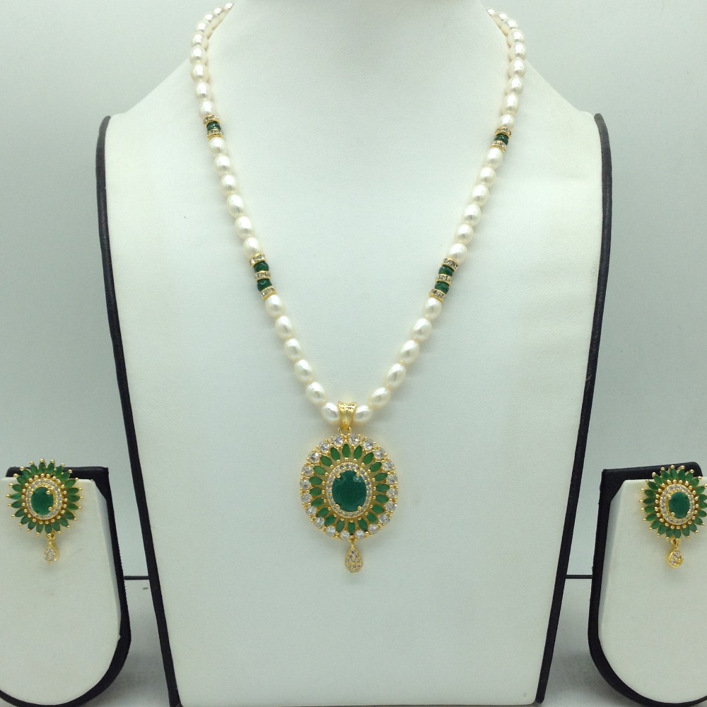 White,Green Cz Pendent Set With 1 Line White Pearls Mala JPS0837