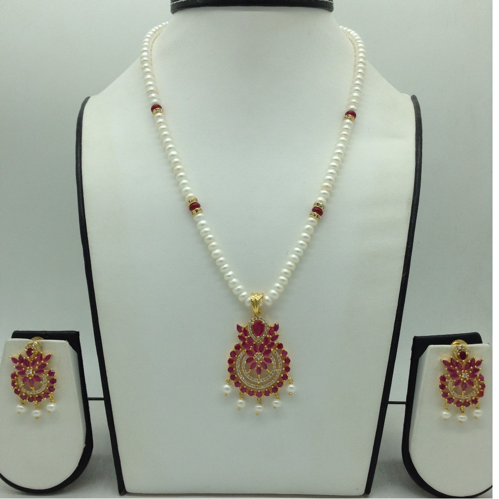 White,Red Cz Pendent Set With 1 Line White Pearls Mala JPS0835