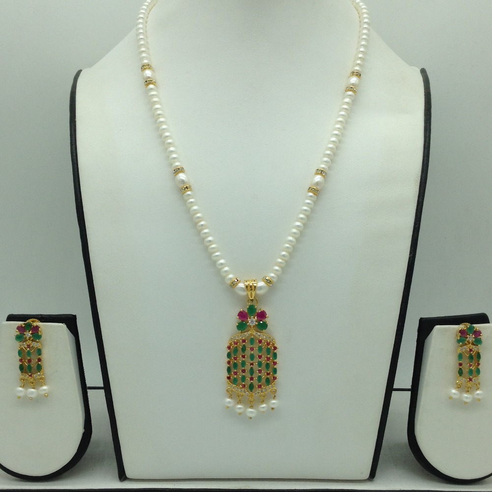 Tricolour Cz Pendent Set With 1 Line White Pearls Mala JPS0834