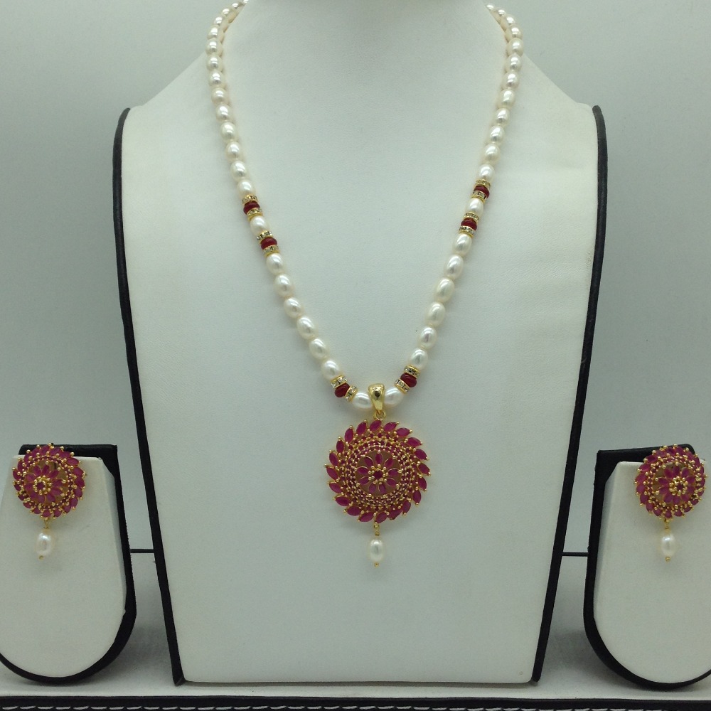 Red Cz Pendent Set With 1 Line White Pearls Mala JPS0833