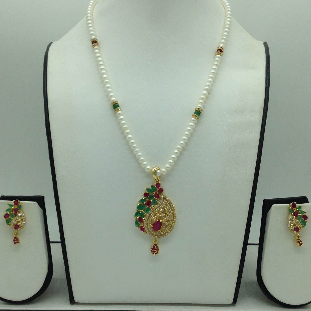 Tricolour Cz Pendent Set With 1 Line White Pearls Mala JPS0830