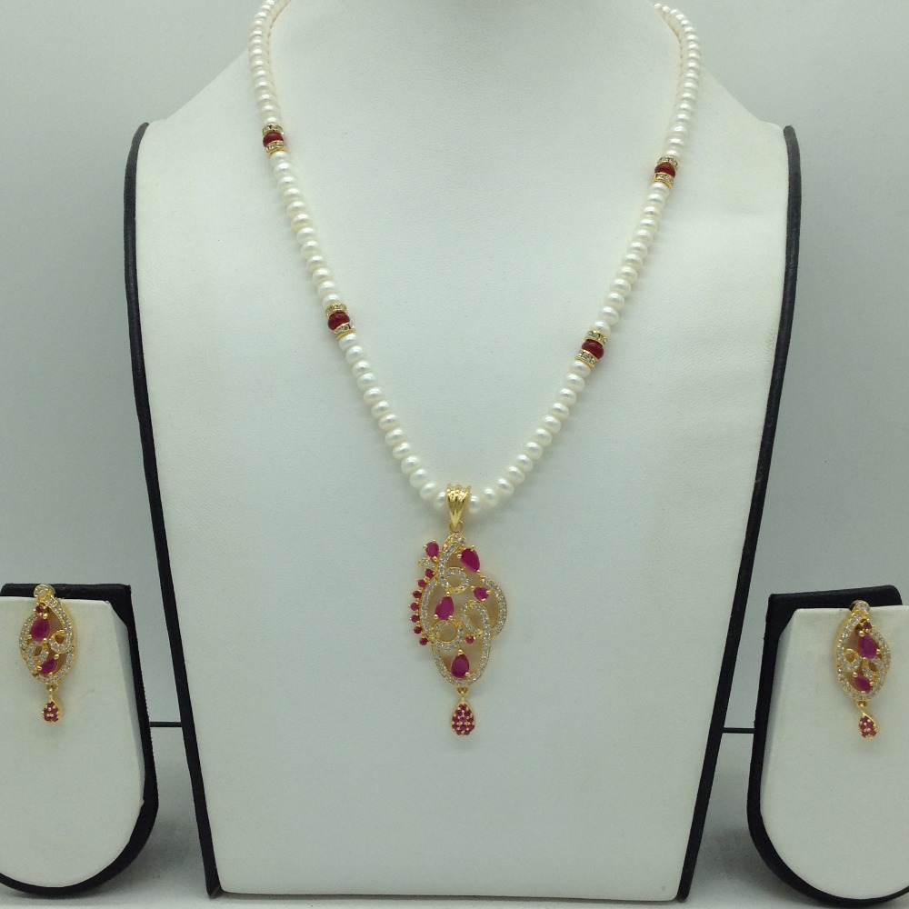 White,Red Cz Pendent Set With 1 Line White Pearls Mala JPS0828