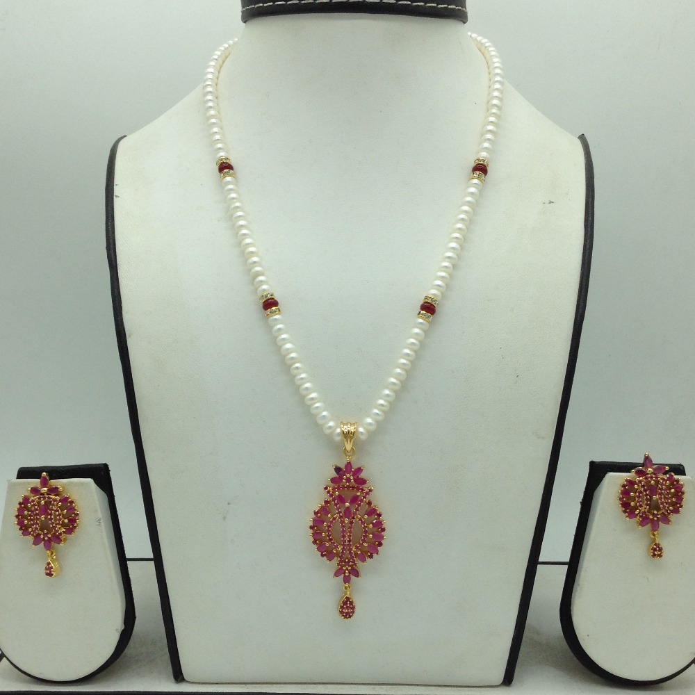 Red Cz Pendent Set With 1 Line White Pearls Mala JPS0825