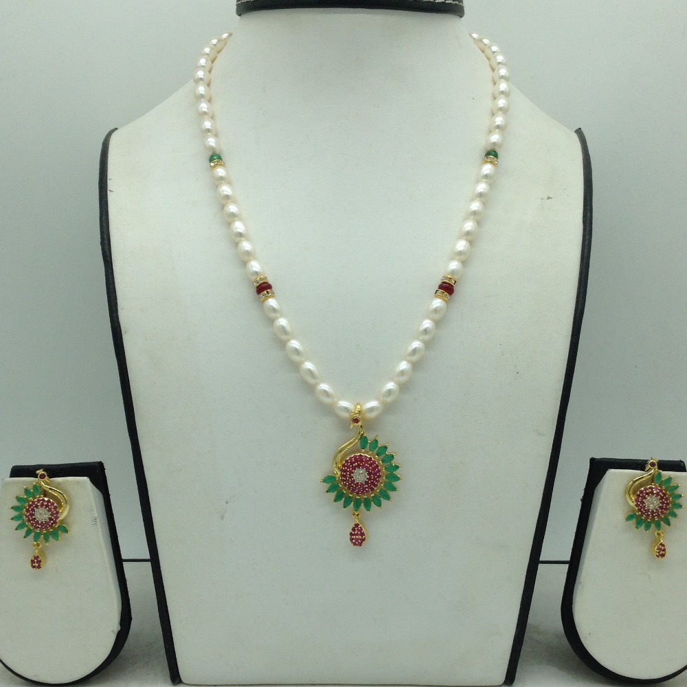 Tricolour Cz Pendent Set With 1 Line White Pearls Mala JPS0823