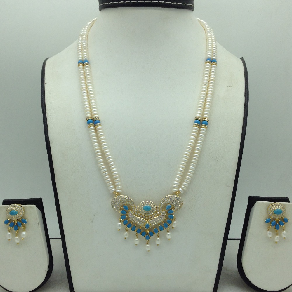 White Cz,Turquoise Pendent Set With 2 Line White Pearls Mala JPS0818