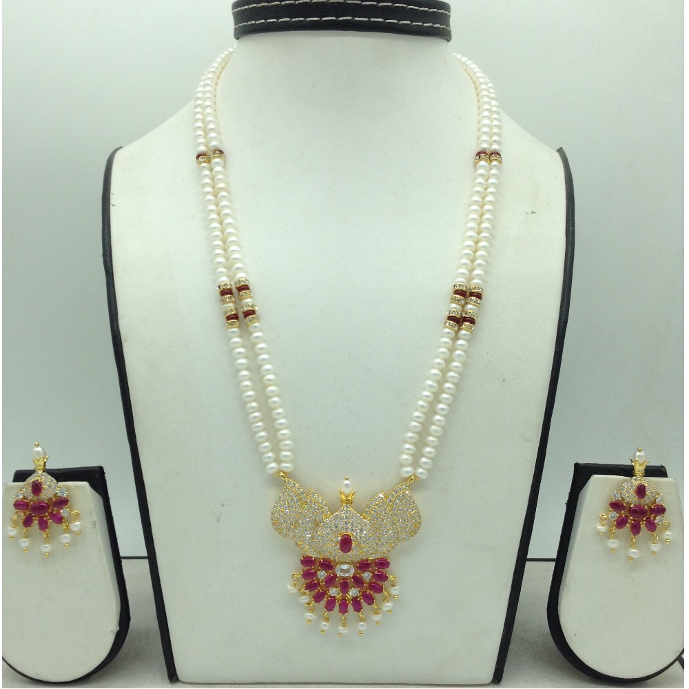 Red,White Cz Pendent Set With 2 Line White Pearls Mala JPS0813
