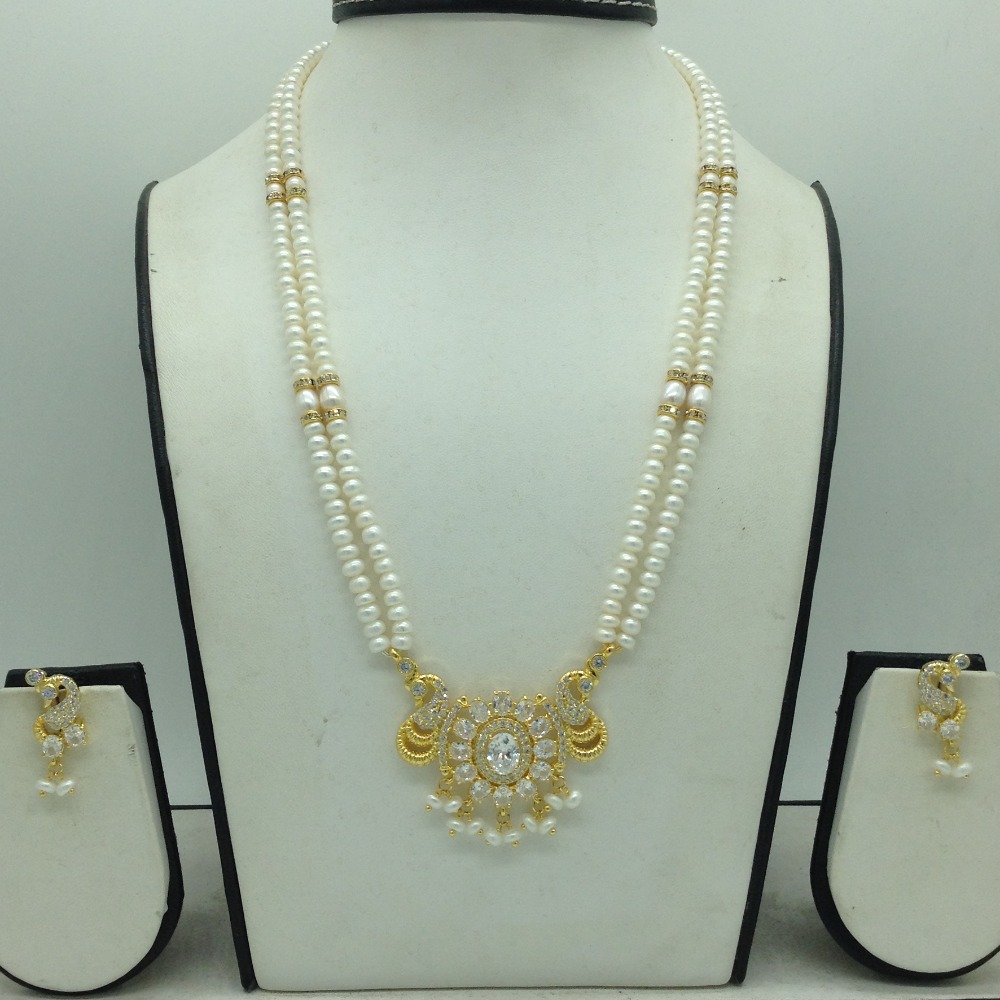 White Cz Pendent Set With 2 Line White Pearls Mala JPS0811