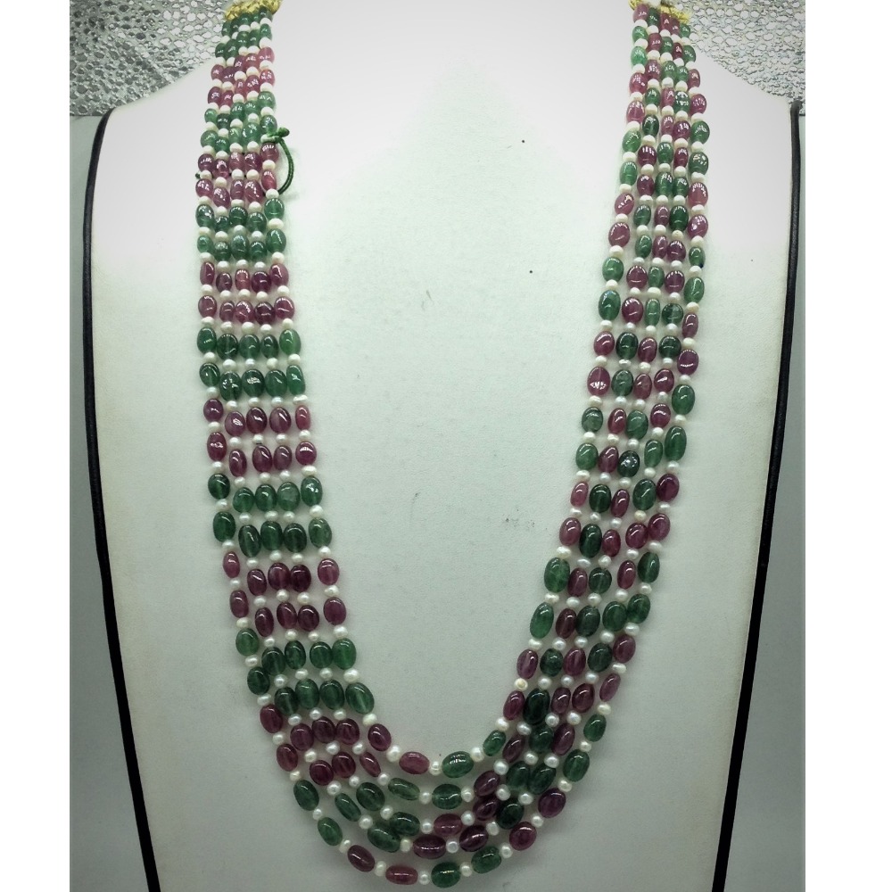 White Flat Pearls with Red,Green Oval Beeds 5 Layers Mala JPM0517