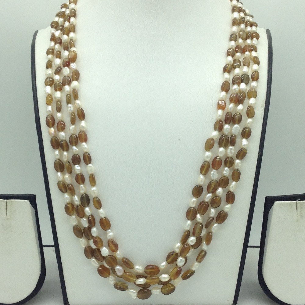 White Oval Pearls with Brown Oval Beeds 4 Layers Mala JPM0514