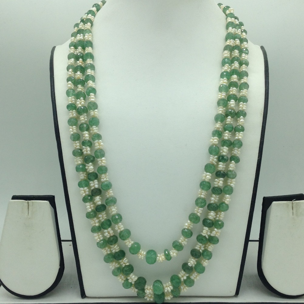 White Seed Pearls with Green Round Beeds 3 Layers Mala JPM0513