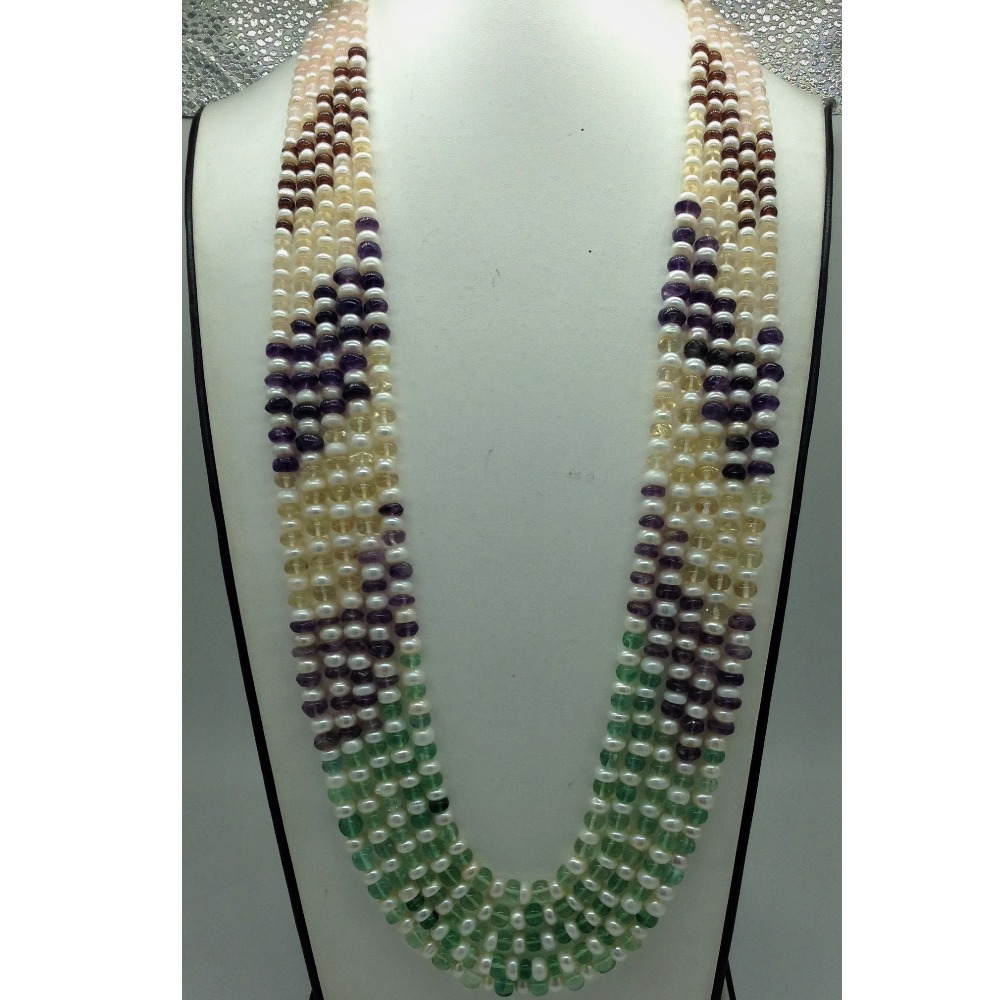 White Flat Pearls with Multi Round Beeds 5 Layers Mala JPM0512