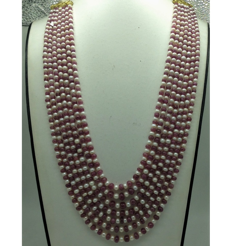White Flat Pearls with Red Rubies Beeds 7 Layers Mala JPM0510