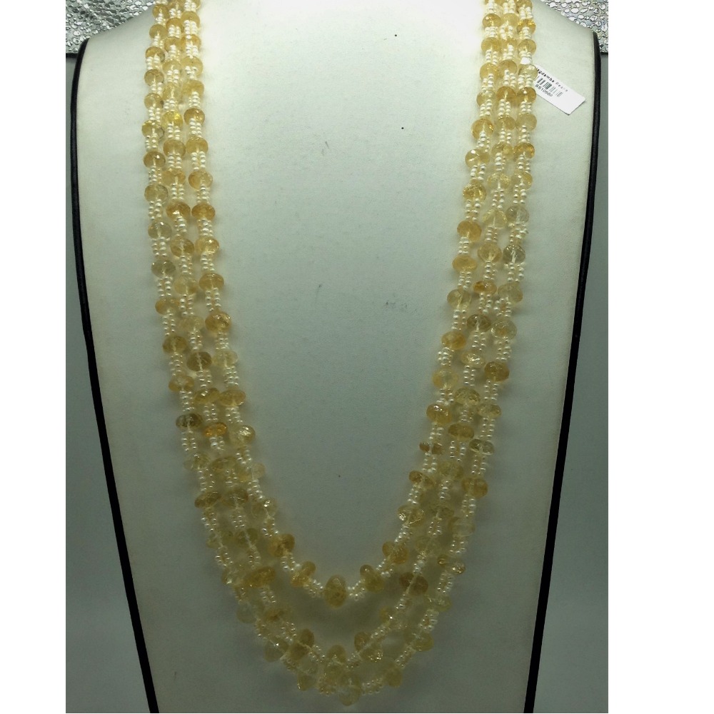 White Seed Pearls with Yellow Citrine Beeds 3 Layers Mala JPM0507