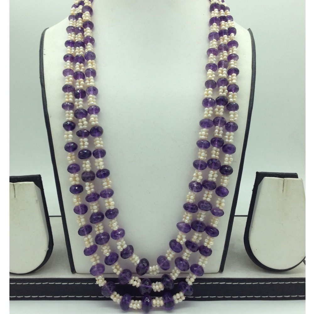 White Seed Pearls with Purple Amethyst Beeds 3 Layers Mala JPM0506