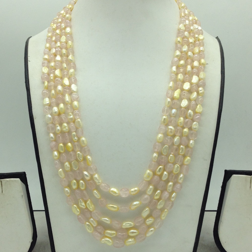 Yellow Kudkal Pearls with Pink Quartz Beeds 5 Layers Mala JPM0504