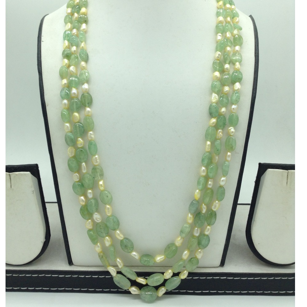 Yellow Kudkal Pearls with Pale Green Bariels 3 Layers Mala JPM0502