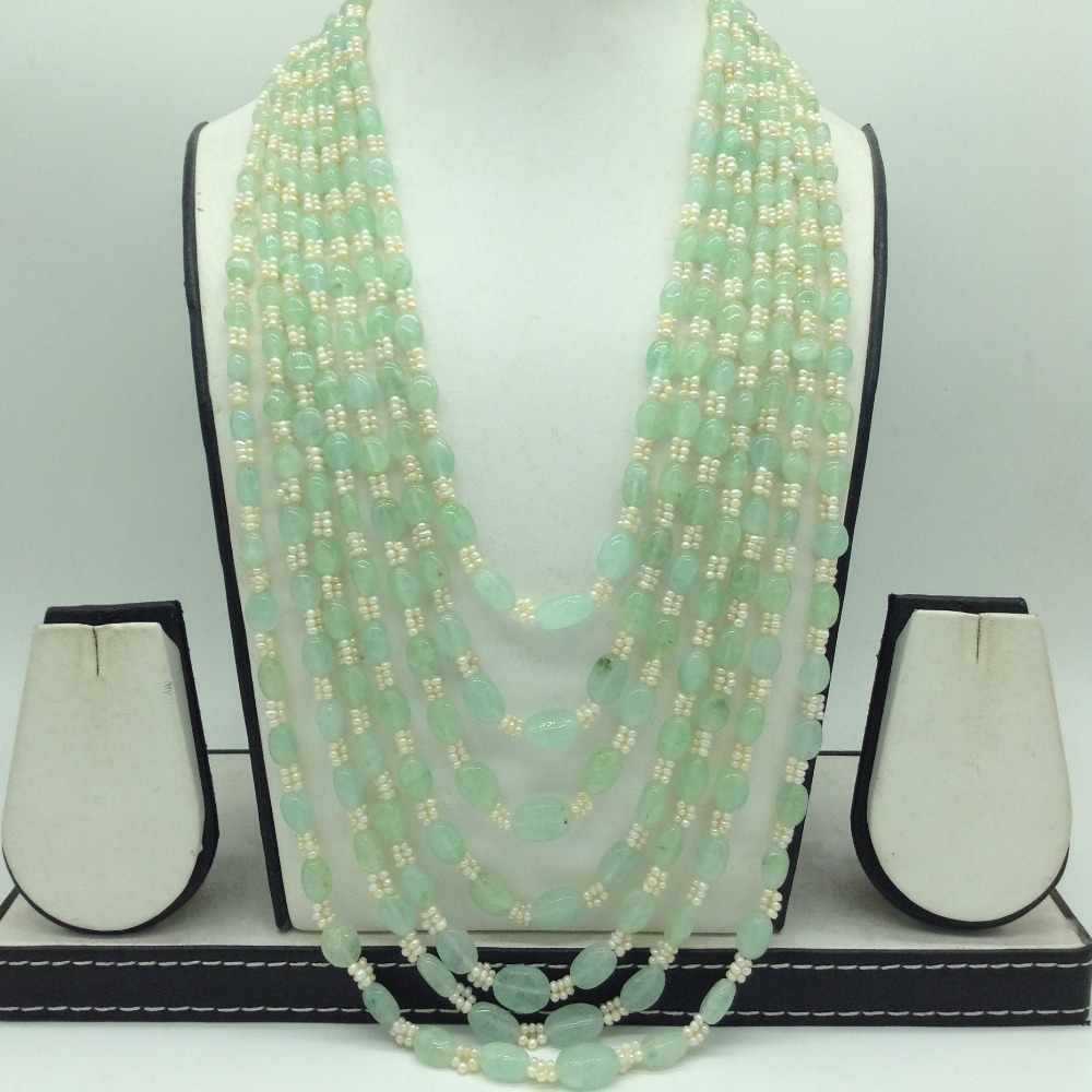 White Seed Pearls with Pale Green Bariels Beeds 7 Layers Mala JPM0501