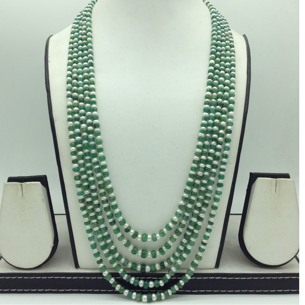 White Flat Pearls with Green Bariels Beeds 5 Layers Mala JPM0500