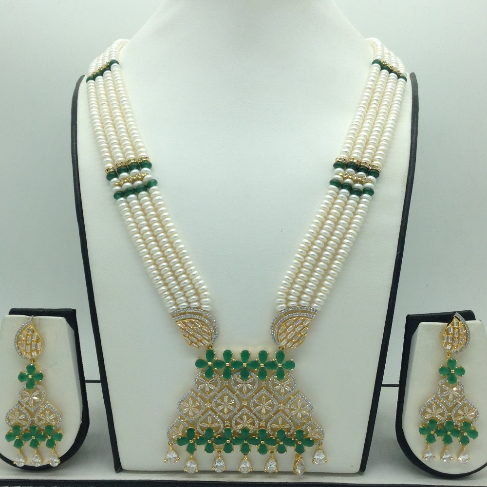 White,Green CZ Ranihaar Set With 4 Line White Pearls Mala JPS0804