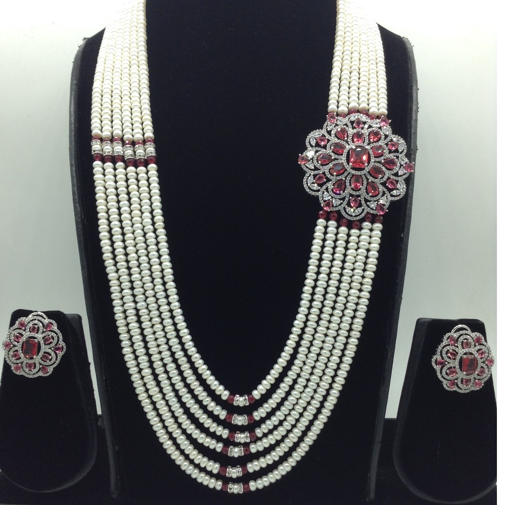 White,Pink CZ Broach Set With 6 Line Pearls Mala JPS0800