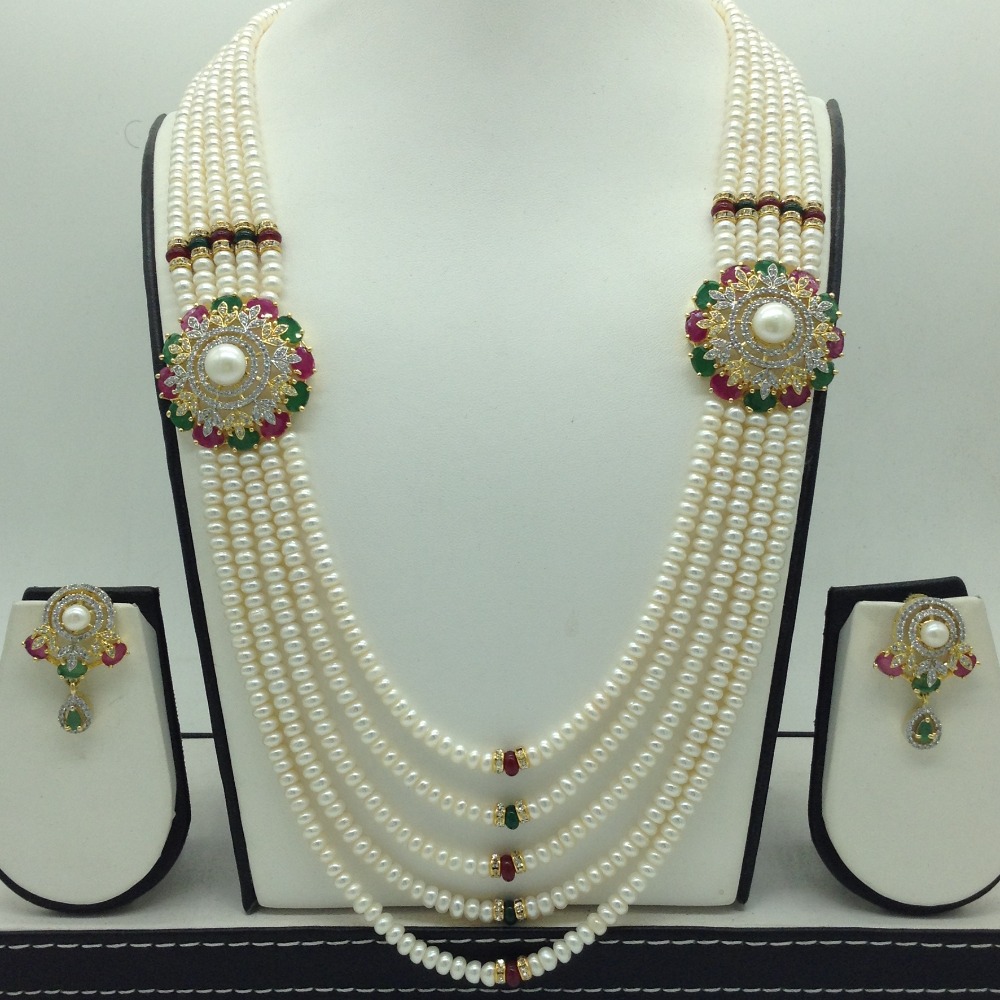 Tricolour CZ Broach Set With 5 Line Pearls Mala JPS0799
